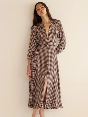 NWT Doen Madelaine Cotton Button 3/4 Long Sleeve Midi Maxi Dress Delphine Plaid